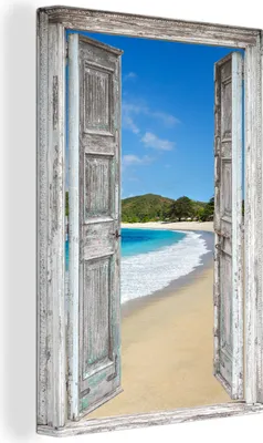 Produktbild von OneMillionCanvasses® - Leinwandbilder - 90x140 cm, Meer - Tropen - Blick - Strand, - Geöffnetes Fenster - Fensterblick Schlafzimmer Kunstdruck Wanddekoration - Foto auf Leinwand - Gemälde auf Holzrahmen  - Wandschmucke - Schlafzimmer