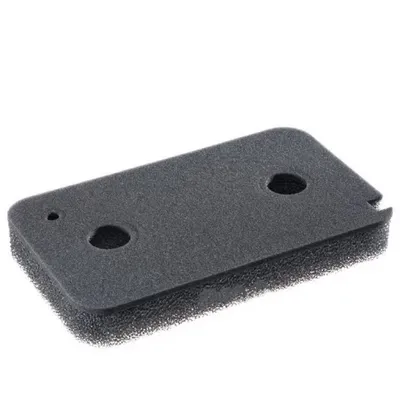 A black foam filter with two holes and a small notch on the side, isolated on a white background.