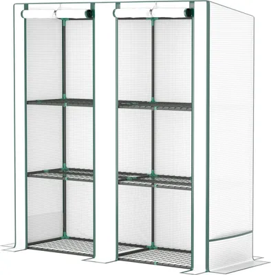 Zdjęcie produktu dla Szklarnia z dachem dwuspadowym, podwójne drzwi, półki, szklarnia z folii zimowej ze stali, szklarnia na balkon, ogród, domek na pomidory 144 x 48 x 152 cm, szklarnia na pomidory na pomidory, warzywa, biała Aosom