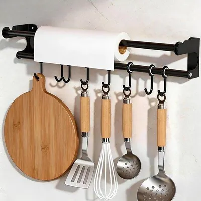 Obrázek produktu pro Kuchyňská závěsná lišta 50 cm - multifunkční tyč s 8 háčky - pro kuchyňské náčiní - vhodná pro obracečky