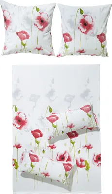 A set of bedding with a poppy flower pattern.