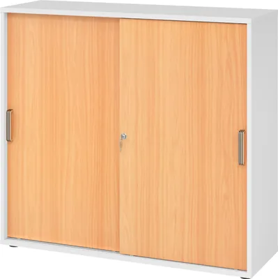Produktbild von bümö Schiebetürenschrank office - 3 Ordnerhöhen - Griff: Streifengriff (Kunststoff), Nachbildung: Weiß/Buche