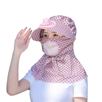 Produktbild von Fan Sonnenhut Starker Wind Kühlung Sonnenschirm Breite Krempe Ausgehöhltes Mesh Sonnenschutz Dekorativer Nackenschutz Outdoor Fan Cap Kopfbedeckung Rosa