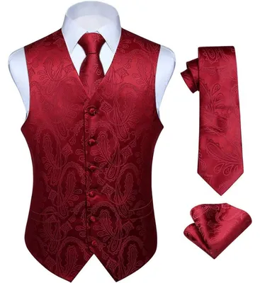 Productafbeelding van Herenset: Vest, das, zakdoek, jacquard, bloemenprint, maat 5XL, bordeauxrood, zijde