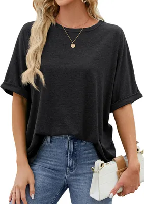 Produktbild von ASKSA Damen T-Shirt Sommer Kurzarm Oversized Rundhals Shirts Tops Casual Basic Tee Oberteile, Schwarz, Groesse: XXL