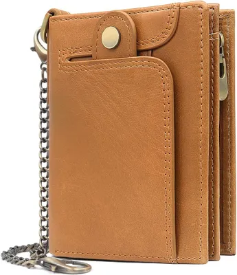 Produktbild von Geldbörse Herren RFID Schutz Klein Portmonee Echtem Leder Geldbeutel mit Kette Reißverschluss Münzfach und 14 Kartenfächer Herrenbrieftasche (Braun)