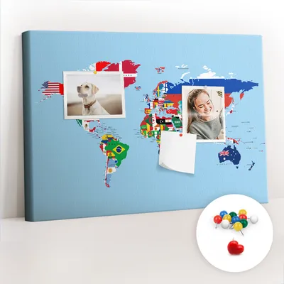 Obrázek produktu pro Korková nástěnka s kolíčky - Tabule s kolíky pro fotografie a poznámky - 60x40 cm - Připínáčky barevné 100 kusů - Mapa vlajek