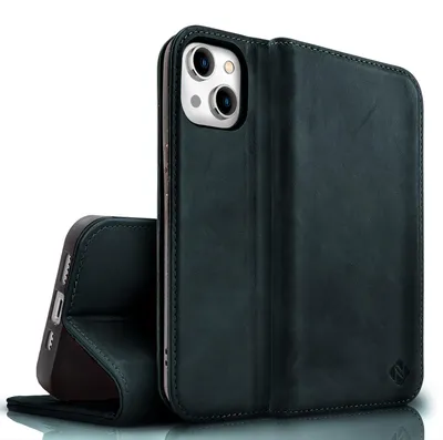 Produktbild von NALIA Echt-Leder Flipcase für iPhone 15 Hülle, Rindsleder Schutzhülle Lederhülle mit RFID-Schutz, Standfunktion Klappbar Dunkelblau