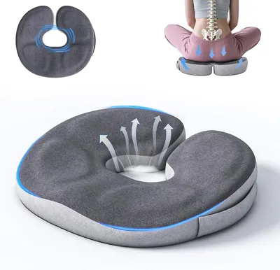 Image de Coussin orthopédique pour siège, en mousse à mémoire de forme, en forme de donut, pour soulager les douleurs au coccyx, de couleur grise, pour chaise
