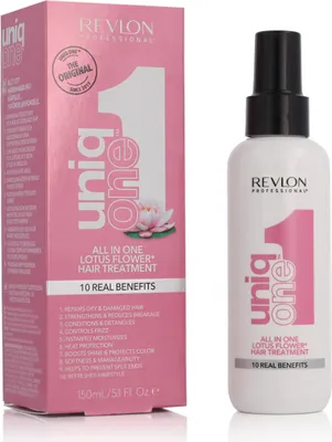 Produktbild von Revlon UniqOne Hair Treatment lotus flower fragrance, Haarspray, Frauen, beschädigtes Haar, trockenes Haar, 150 ml, Anti-Frizz, Farbschutz, Feuchtigkeitsspendend, Schutz, Reparatur, Glanz, Weichmachend, Verstärkung, Aqua/water/eau, cetearyl alcohol, behentrimonium chloride, cyclopentasiloxane, disodium edta,...