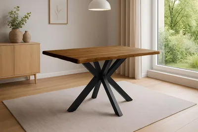 Produktbild von Refurbished Möbelretoure Esstisch Baumkante 140 x 80 cm Akazie massiv Honig Spider-Gestell schwarz HARLEY