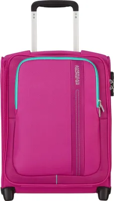 A studio shot of a pink American Tourister trolley suitcase.