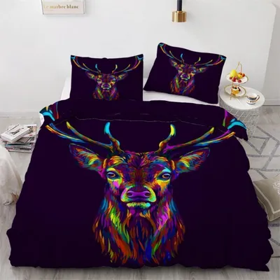 Zdjęcie produktu dla Komplet pościeli "Elk" 220x240 cm, 3-częściowy, mikrofibra, kolorowy wzór graffiti 3D, pościel dwustronna z zamkiem błyskawicznym, 2 poszewki na poduszki 80x80 cm