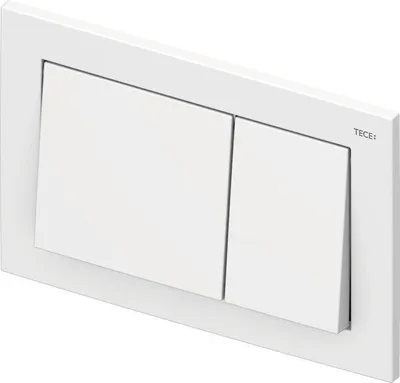 A white dual-flush toilet actuator plate with the brand name 'TECE' visible on the right side.