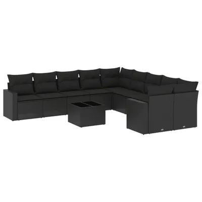 Produktbild von 11-tlg. Garten-Sofagarnitur, modular, Poly Rattan Schwarz, mit abnehmbaren Kissenbezügen, Hartglas-Tischplatte, UV-beständig
