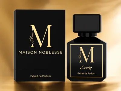 A black perfume bottle and its packaging are displayed against a gold background.