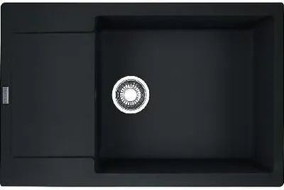 A top-down view of a black kitchen sink with a drain.