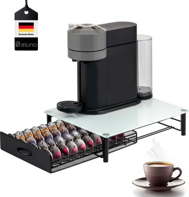 Produktbild von eluno Kapselhalter für 40x Nespresso Vertuo, Schubladenbox, Glas-Maschinenständer Metall und Glasplatte, Kaffeekapselbox, Kapselspender ca. 33,5 x 9 x 41 cm (B/H/T), Glas weiß
