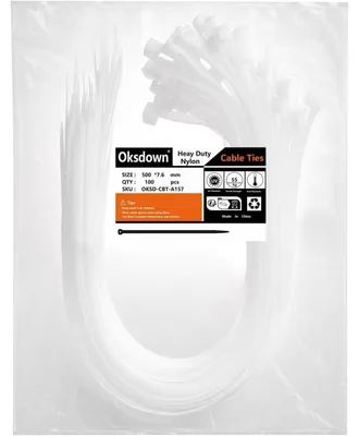 Obrázok produktu pre Stiahovacie pásky, 500 mm x 7,6 mm, biele, UV odolné, 100 kusov, pevnosť v ťahu 55 kg, nylonový plast