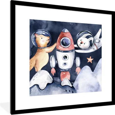 Produktbild von MuchoWow® Gerahmtes Poster Weltraum - Rakete - Kaninchen - Jungen - Mädchen - Kinder 40x40 cm - Poster mit Schwarzem Bilderrahmen Wandposter Rahmen Foto Bilder - Poster - Plakat im Rahmen