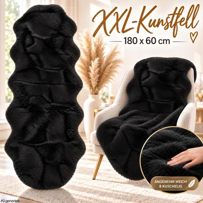 Produktbild von XXL Lammfell 180x60cm Teppich Kunstfell Bettvorleger Schaffell Imitat Doppelfell Schwarz
