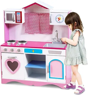 Imagen del producto de Cocina de juguete para niños, con accesorios, cocina infantil con luces y sonido, cocina de juguete con reloj, fregadero, hornilla, horno, microondas, cocina de madera, juego de cocina para niños a partir de 3 años, color rosa, 82x30x100,5 cm