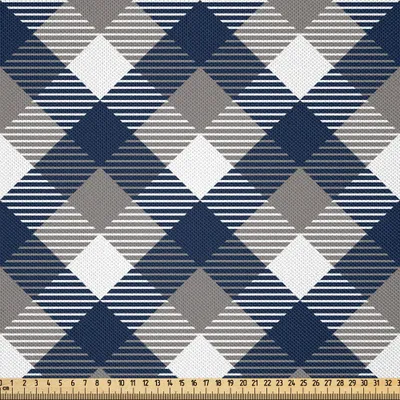 Image de ABAKUHAUS Tissu satiné marine vendu au mètre, tartan abstrait, motifs géométriques classiques, carreaux écossais, 1 m (148 x 100 cm), gris foncé, blanc, bleu foncé