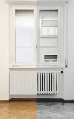A split image showing a white radiator and window on the left, and a grayscale version of the same on the right, with different flooring.