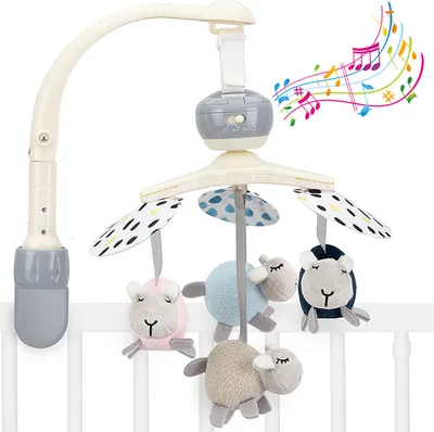 Produktbild von MoMi KIKI - Mobile Kinderbett Karussell für Baby - 4 sensorische Spielzeuge, 5 Melodien, Rasseln - Spieluhren
