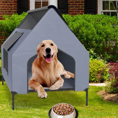 Produktbild von YZNAHRE 2 in 1 Hundehütte 130 x 84 x 104 cm Hundehöhle Hundebett aus Oxford und Atmungsaktives Netzgewebe Erhöhtes Hundeliege für Hunde&Katzen, L
