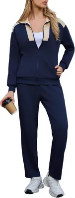 Productafbeelding van Lang joggingpak voor dames met kleurblok, zijzakken en capuchon, katoenmix