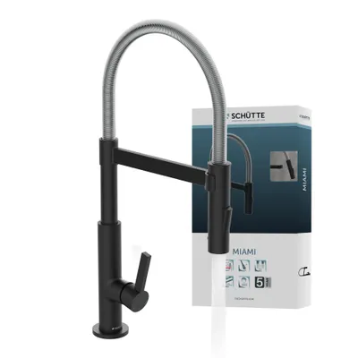 Produktbild von SCHÜTTE Küchenarmatur MIAMI, Spiralfederarmatur mit Geschirrbrause, Wasserhahn ausziehbar, Wasserhahn Mischbatterie Chrom/Schwarz matt
