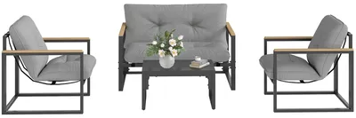 Produktbild von Gartenmöbel Set 4 Personen wetterfest Balkonmöbel-Set mit 2er Sofa, Sessel Sitzkissen Hellgrau