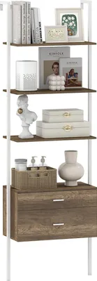 Produktbild von Wandregal im Treppenstil, 184 cm Bücherregal mit 4 offenen Regalen, 2 Schubladen, Metallrahmen, modernes Aufbewahrungs- und Ausstellungsregal, Weiß