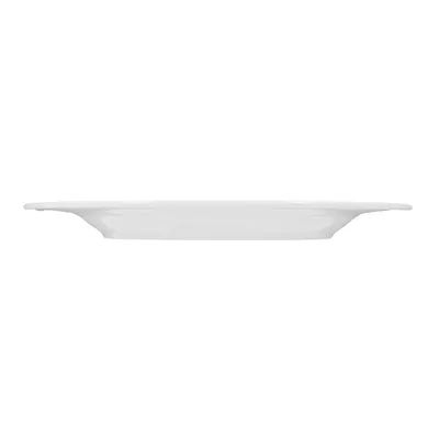 A white plate shown from the side against a white background.