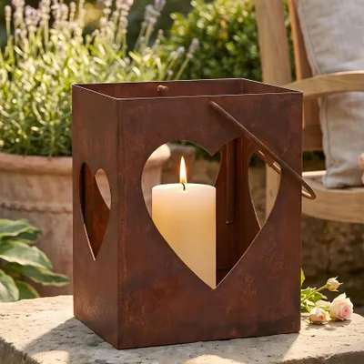 Produktbild von Windlicht Herz 28cm Gartenleuchte aus Eisen in Rostoptik Laterne mit Henkel & Glas für Garten Balkon Terrasse Rostdeko Braun