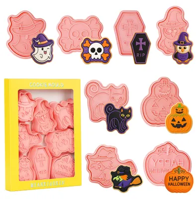 8er Set Halloween Keksausstecher, 3D Stempel, Kürbis, Geist, Totenkopf
