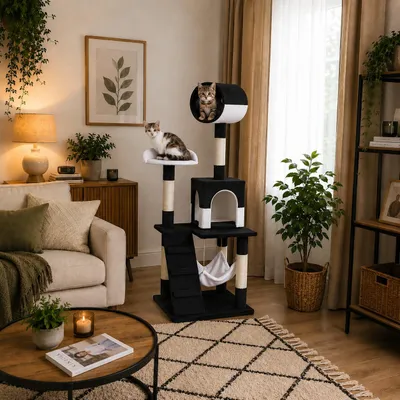 Obrázok produktu pre Škrabadlo pre mačky belviona, lezecký stromček pre mačky s búdkou, hojdacou sieťou, schodiskom a odpočinkovou plošinou, 133 cm, čierno-biele