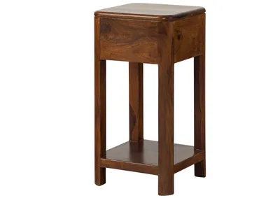 A wooden side table on a white background.