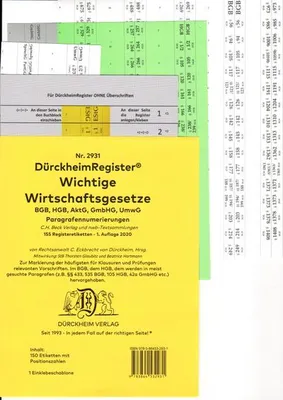 Produktbild von DürckheimRegister® WICHTIGE WIRTSCHAFTSGESETZE (BGB, HGB, GmbHG, AktG, UmwG) §§ und Gesetze OHNE Stichworte