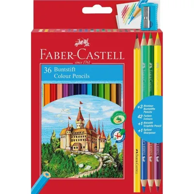 Produktbild von Faber-Castell Buntstifte 36 Stück + Bleistiftspitzer, Bleistift und Duo-Buntstifte