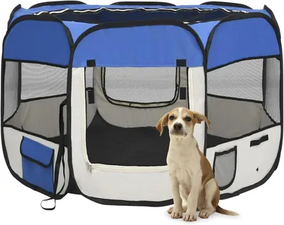 Produktbild von Zusammenklappbarer Hundekäfig mit Transporttasche, blau, 90 x 90 x 58 cm, für den Innenbereich und als Laufstall für Hunde im Freien