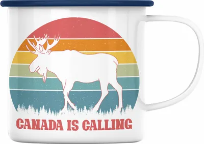Produktbild von Trendation - Canada Is Calling Auslandsjahr Kanada Emaille Tasse Geschenkidee Auswandern Abschiedsgeschenk Abschied Kanada (Blau)