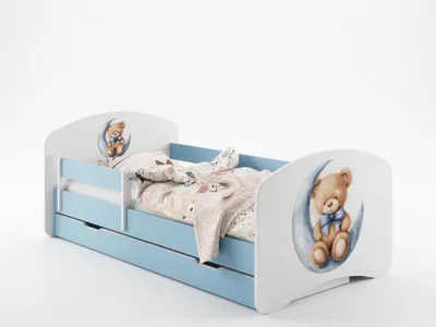 Image de Lit pour tout-petits 140 x 70 cm, bleu, avec matelas, barrière de sécurité et tiroir de rangement | Lit à motif de grande qualité pour enfants
