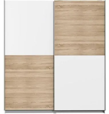 Image de Armoire coulissante ULOS, 2 portes,Reproduction chêne/blanc, 5 étagères réglables en hauteur, 2 penderies, poignées en métal, dimensions : 170,3 x 61,2 x 190,5 cm