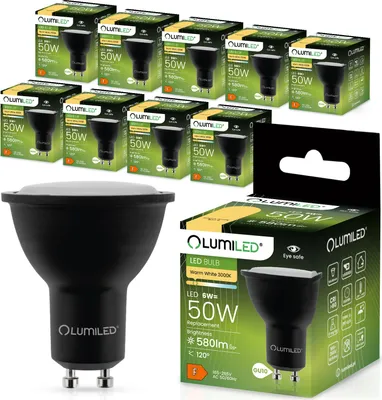 Produktbild von LUMILED GU10 LED 6W 580lm Leuchtmittel 3000K warmweiß Lampe Strahler schwarz ersetzt 50W 120° Reflektorlampen Reflektor 10 Stück Lampen