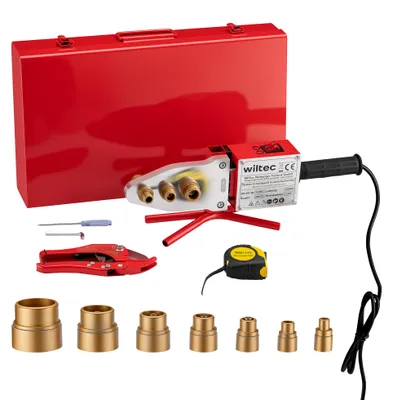 Produktbild von Wiltec PE-Rohr Schweißgerät 2000 W bis 300°C, Muffenschweißgerät inkl. 7 Heizdorne 16-63 mm, Schweissgerät für Rohre, Muffen und Formstücke