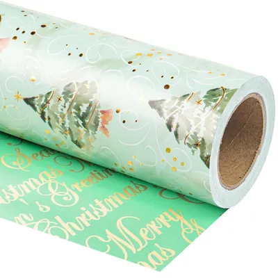 Obrázek produktu pro Dárkový papír s oboustranným designem: vánoční stromek a přání "Veselé Vánoce", zelený, rozměry 43,2 cm x 10 m