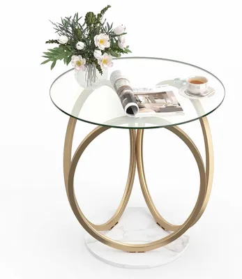 Produktbild von KOMFOTTEU Couchtisch rund, Glastisch mit 2 Ablagen, Beistelltisch gold, Wohnzimmertisch Glas, Kaffeetisch modern, Sofatisch für Wohnzimmer, Schlafzimmer, Küche, Esszimmer, Metallgestell, 60 x 60 x 61,5 cm