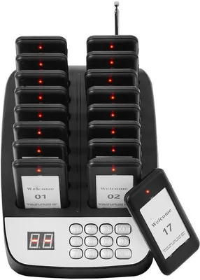 Immagine prodotto di Sistema di chiamata per ristoranti, con segnale wireless a portata di 500 metri, dispositivo che emette vibrazioni e luci lampeggianti per richiamare i clienti